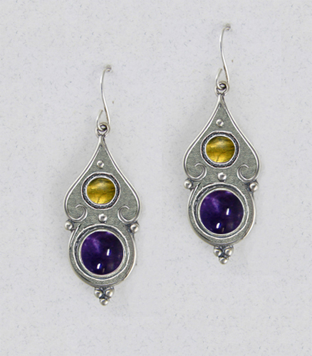 Sterling Silver Gothic Look With Iolite And Citrine Gemstone Drop Dangle Earrings